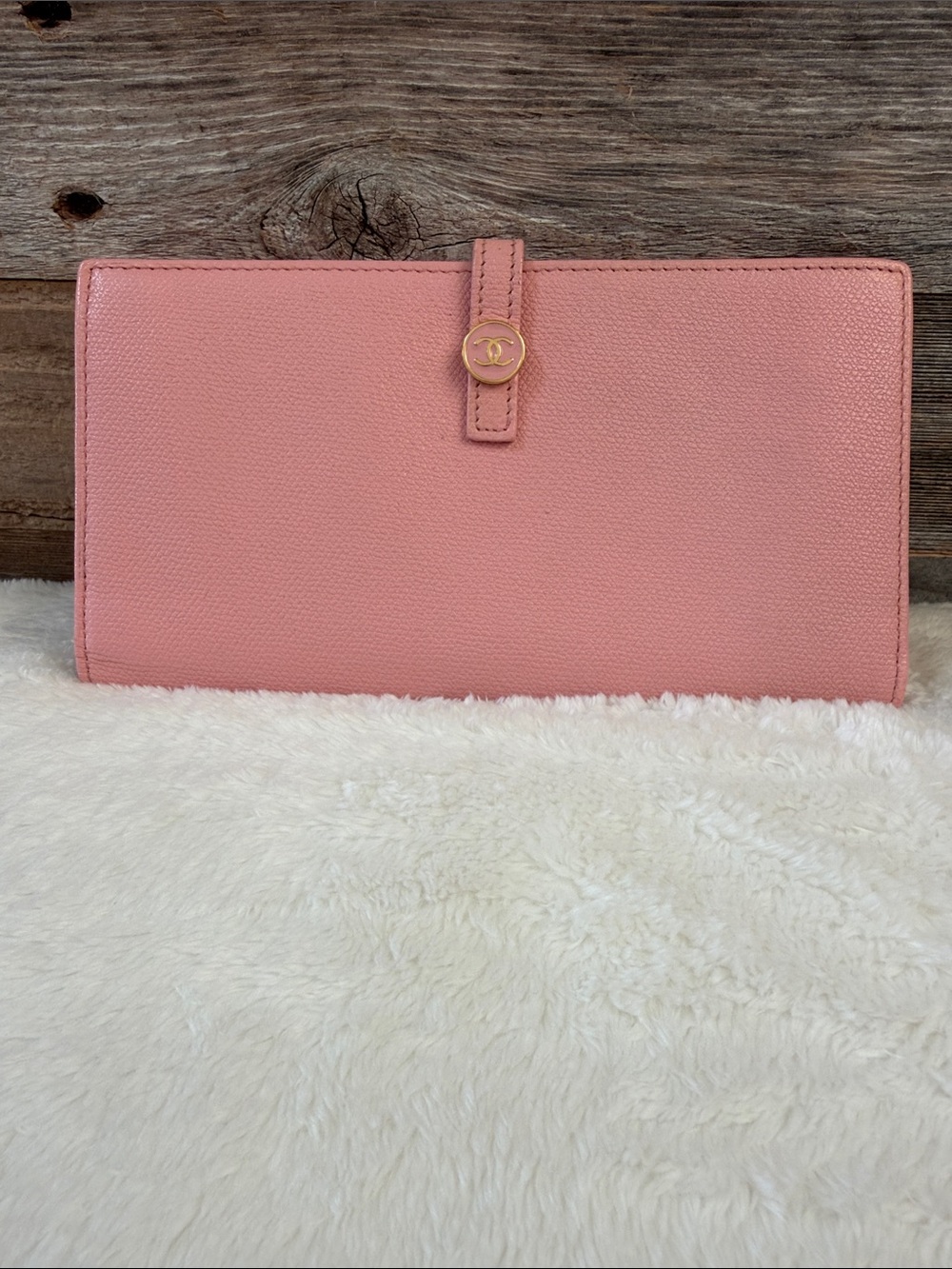 CHANEL Pink Caviar Leather Long Wallet with Gold CC Snap